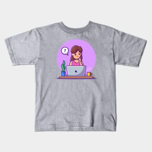 Confused Woman Working On Laptop Kids T-Shirt